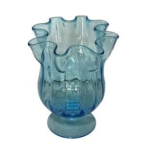 Vintage Mid Century Pilgrim Glass Blue Optic Hand-Blown Ruffled Pedestal Vase 7"